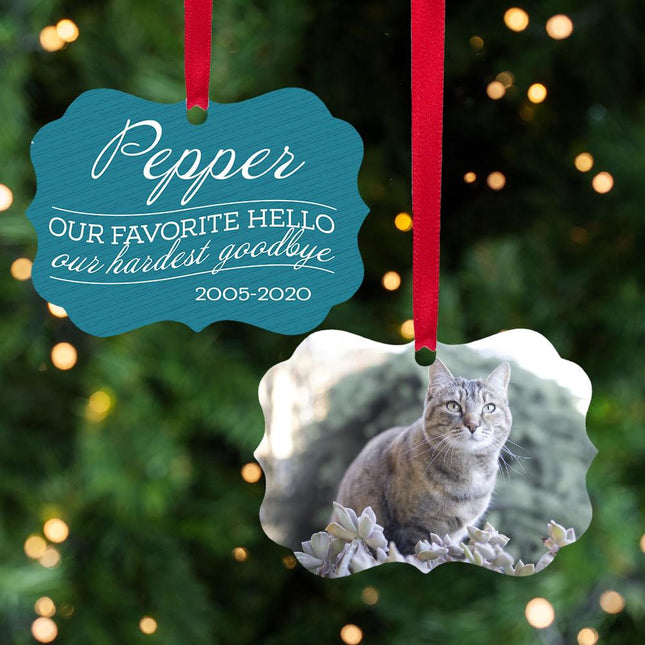 Our Favorite Hello, Our Hardest Goodbye Cat Memorial Personalized Metal Ornament
