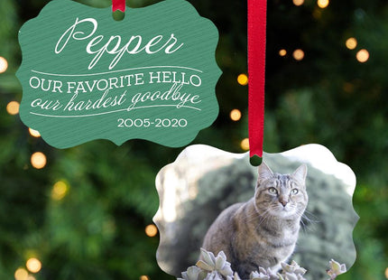 Our Favorite Hello, Our Hardest Goodbye Cat Memorial Personalized Metal Ornament