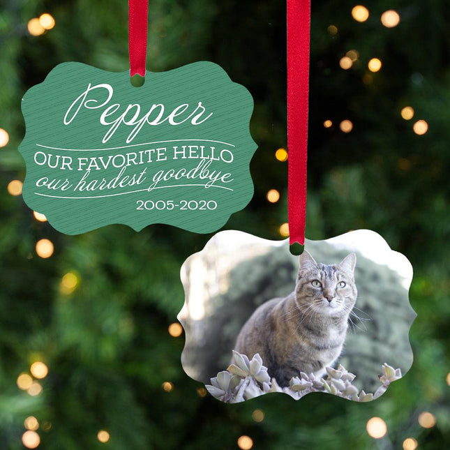 Our Favorite Hello, Our Hardest Goodbye Cat Memorial Personalized Metal Ornament
