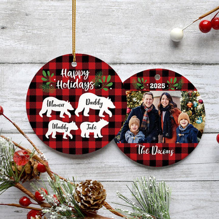 Personalized Plaid Bear Family of 3, 4, 5, 6 or 7 Christmas Ornament