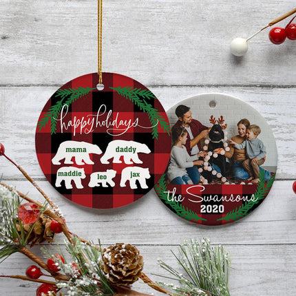 Plaid Bear Family of 3, 4, 5, 6 or 7 Personalized Ceramic Round Ornament - FAMILY - 5 Family Members created by ORNAMENT SHOP