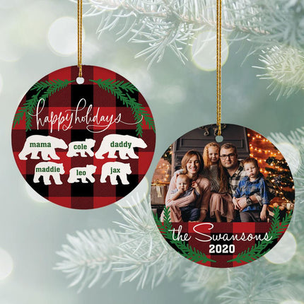 Plaid Bear Family of 3, 4, 5, 6 or 7 Personalized Ceramic Round Ornament - FAMILY - 6 Family Members created by ORNAMENT SHOP