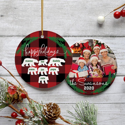 Plaid Bear Family of 3, 4, 5, 6 or 7 Personalized Ceramic Round Ornament - FAMILY - 7 Family Members created by ORNAMENT SHOP