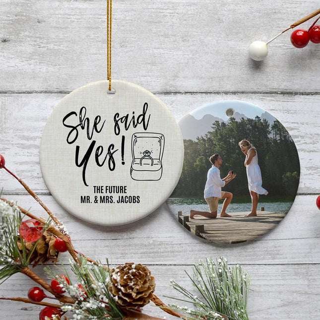 She Said Yes Personalized Engagement Photo Ceramic Round Ornament - DESIGN - Ring Box created by ORNAMENT SHOP
