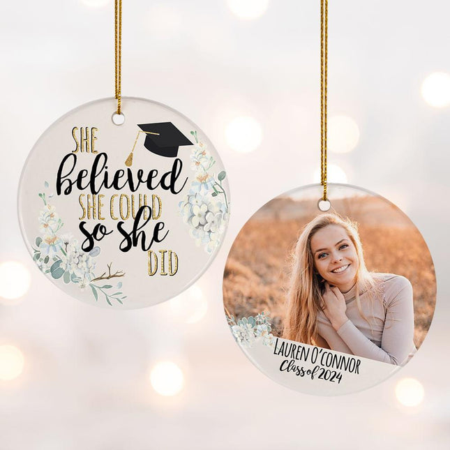 She Believed She Could Graduation Design Personalized Photo Ceramic Round Ornament - DESIGN - White with Foliage created by ORNAMENT SHOP