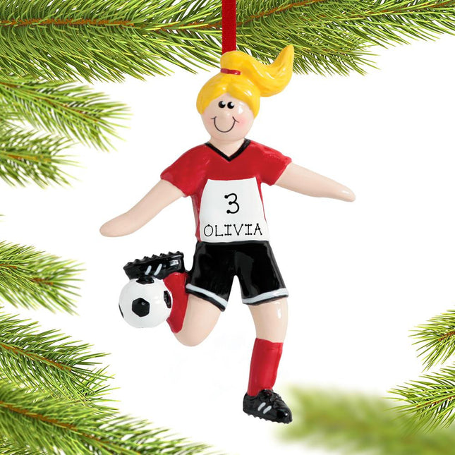 Soccer Girl Black Shorts Personalized Christmas Ornament - HAIR COLOR - Brunette created by RUDOLPH AND ME and designed by Ornament Shop