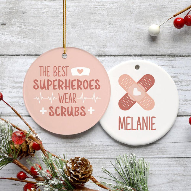 Superheroes Wear Scrubs Christmas Ornament - DESIGN - Pink & White created by ORNAMENT SHOP