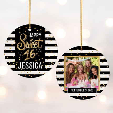 Sweet 16 Personalized Photo Ceramic Round Ornament - DESIGN - Black & White Stripes created by ORNAMENT SHOP