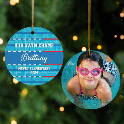 Swimming Personalized Photo Ceramic Round Ornament - DESIGN - Straight Blue Banner created by ORNAMENT SHOP