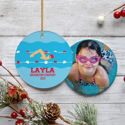 Swimming Personalized Photo Ceramic Round Ornament - DESIGN - Wavy Blue Banner created by ORNAMENT SHOP
