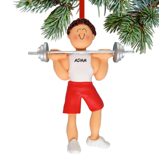Weightlifter Male With A Barbell Personalized Christmas Ornament - HAIR COLOR - Brunette created by ORNAMENT SHOP