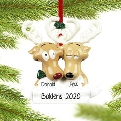 personalized reindeer family ornament with 2 names, custom message and year, reindeer with antlers