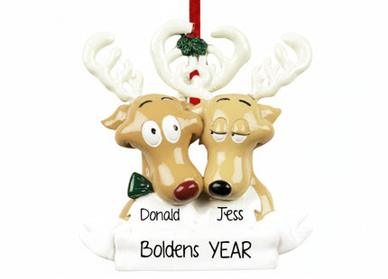 personalized reindeer family ornament with 2 names, custom message and year, reindeer with antlers
