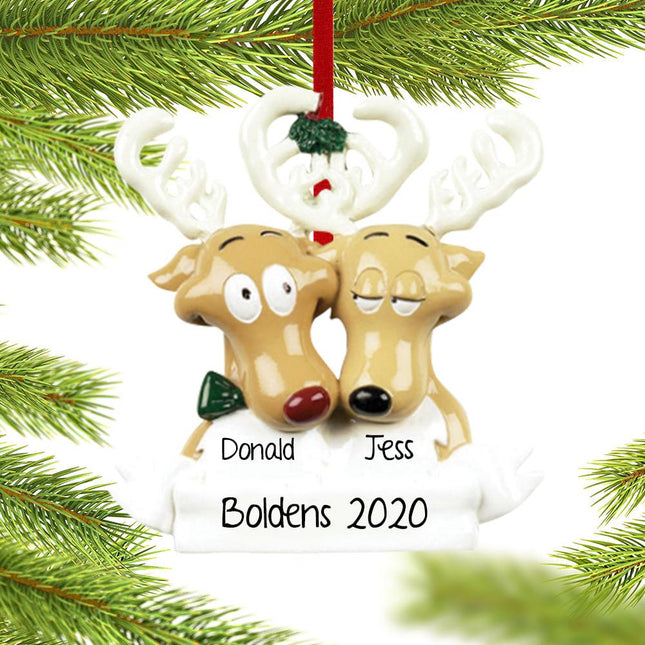 personalized reindeer family ornament with 2 names, custom message and year, reindeer with antlers