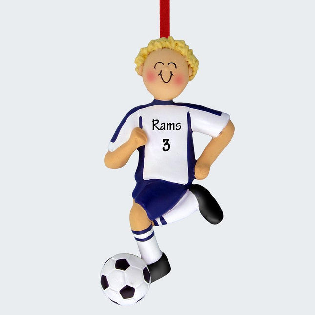 Running Soccer Boy With Uniform Personalized Ornament - HAIR COLOR - Blond /Green created by ORNAMENT CENTRAL and designed by Ornament Shop