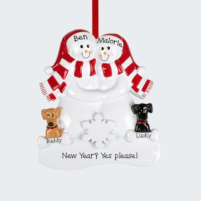 Snowman Family With A Brown And Black Dog Personalized Ornament - FAMILY - Couple / 2 Family Members created by RUDOLPH AND ME and designed by Ornament Shop