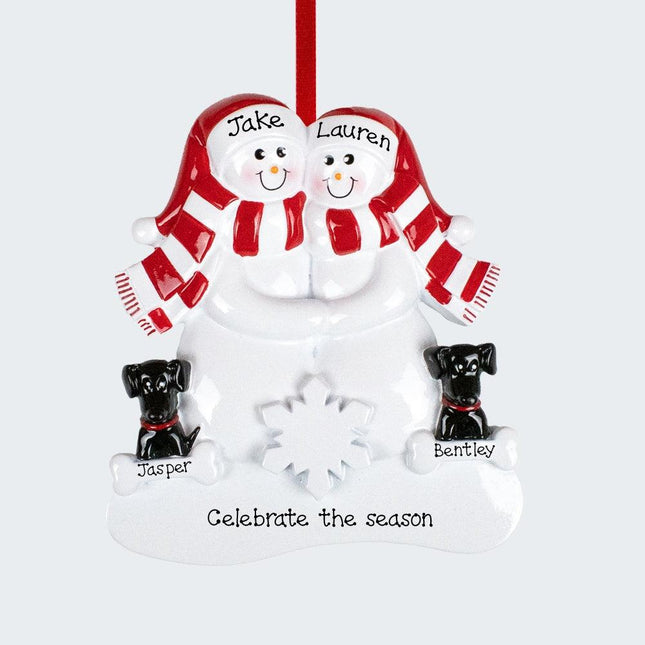 Snowman Family With Two Black Dogs Personalized Ornament - FAMILY - Couple / 2 Family Members created by RUDOLPH AND ME and designed by Ornament Shop