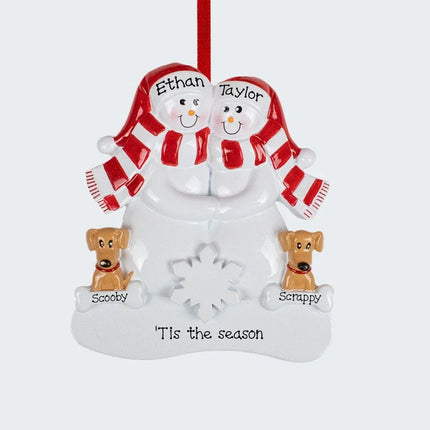 Snowman Family With Two Brown Dogs Personalized Ornament