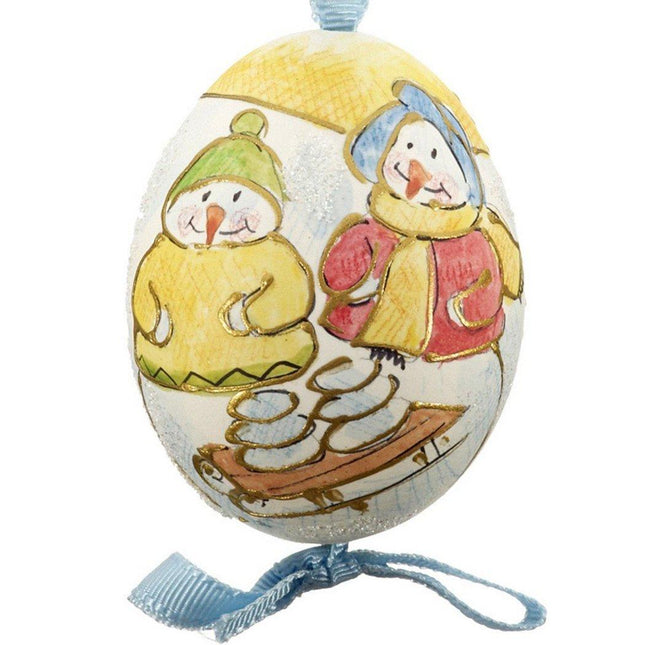 Snowman Couple with Snowballs on a Sled Austrian Egg Ornament created by ORNAMENT SHOP
