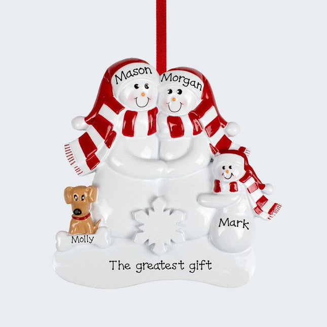 Snowman Family With A Brown Dog Personalized Ornament - FAMILY - 3 Family Members created by RUDOLPH AND ME and designed by Ornament Shop