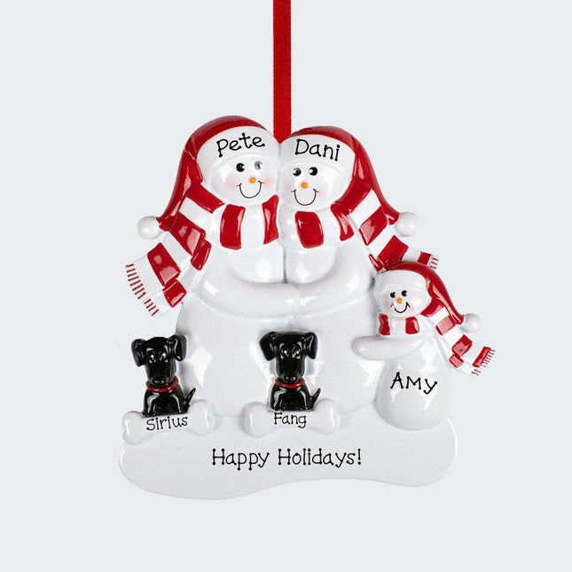 Snowman Family With Two Black Dogs Personalized Ornament - FAMILY - 3 Family Members created by RUDOLPH AND ME and designed by Ornament Shop