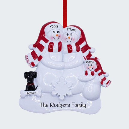 Snowman Family With A Black Dog Personalized Ornament - FAMILY - 3 Family Members created by RUDOLPH AND ME and designed by Ornament Shop