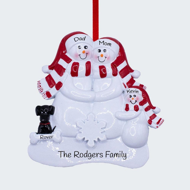 Snowman Family With A Black Dog Personalized Ornament - FAMILY - 3 Family Members created by RUDOLPH AND ME and designed by Ornament Shop