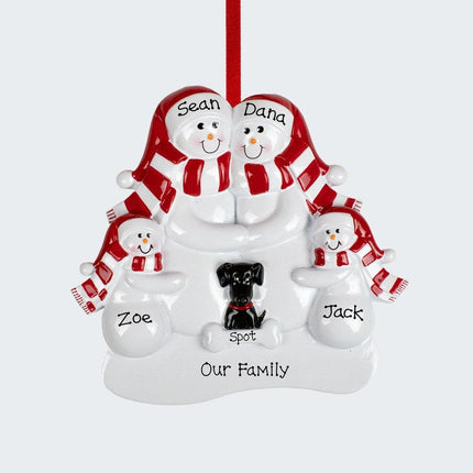 Snowman Family With A Black Dog Personalized Ornament - FAMILY - 4 Family Members created by RUDOLPH AND ME and designed by Ornament Shop