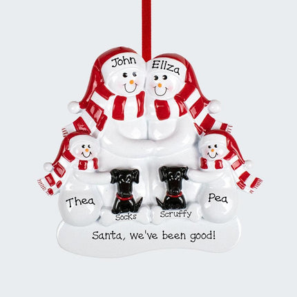 Snowman Family With Two Black Dogs Personalized Ornament - FAMILY - 4 Family Members created by RUDOLPH AND ME and designed by Ornament Shop