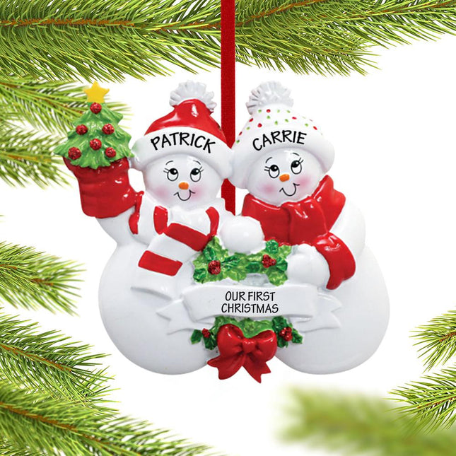 Snowmen with Banner Couple Ornament