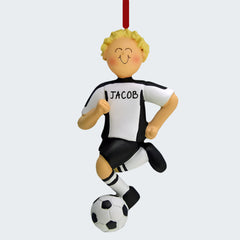 Running Soccer Boy With Uniform Personalized Ornament - HAIR COLOR - Brunette/ Black Shorts created by ORNAMENT CENTRAL and designed by Ornament Shop