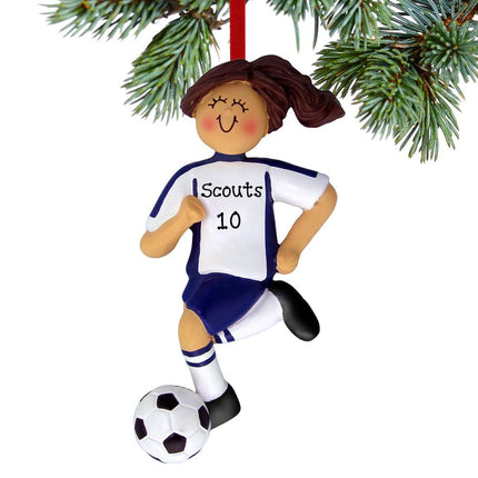 Soccer Girls With Uniform Personalized Ornament - GENDER & HAIR COLOR - Brunette/ Black created by ORNAMENT CENTRAL and designed by Ornament Shop