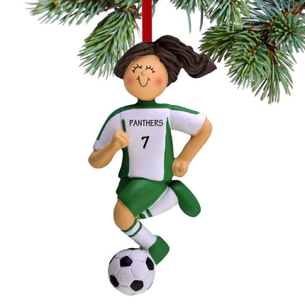 Soccer Girls With Uniform Personalized Ornament - GENDER & HAIR COLOR - Brunette/ Green created by ORNAMENT CENTRAL and designed by Ornament Shop