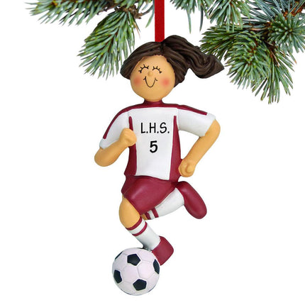 Soccer Girls With Uniform Personalized Ornament - GENDER & HAIR COLOR - Brunette/ Red created by ORNAMENT CENTRAL and designed by Ornament Shop