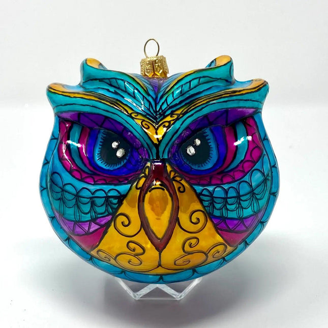Tribal Owl Hand-Painted Glass Ornament