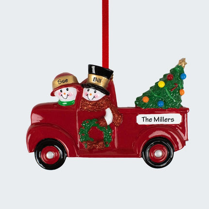 Vintage Red Truck Snowman Family Personalized Ornament - 2, 3, 4, 5, 6 Family Members - FAMILY - Couple / Family Members created by RUDOLPH AND ME and designed by Ornament Shop