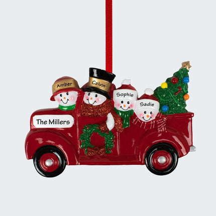 Vintage Red Truck Snowman Family Personalized Ornament - 2, 3, 4, 5, 6 Family Members - FAMILY - 4 Family Members created by RUDOLPH AND ME and designed by Ornament Shop