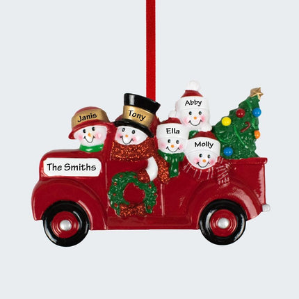 Vintage Red Truck Snowman Family Personalized Ornament - 2, 3, 4, 5, 6 Family Members - FAMILY - 5 Family Members created by RUDOLPH AND ME and designed by Ornament Shop