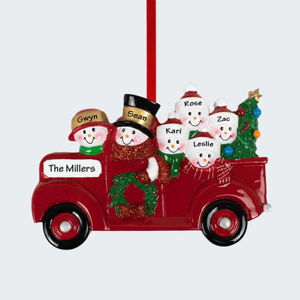 Vintage Red Truck Snowman Family Personalized Ornament - 2, 3, 4, 5, 6 Family Members - FAMILY - 6 Family Members created by RUDOLPH AND ME and designed by Ornament Shop
